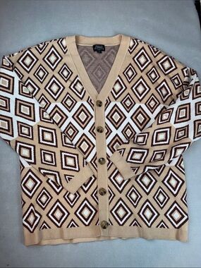 Abbott Elementary Men's Diamond‑Pattern V‑Neck Cardigan in Beige and Brown Size